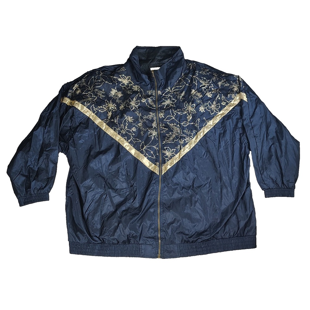 Vtg‎ Roaman's 80s 90s Size 3X Nylon Windbreaker Jacket Floral Metallic Trim ***